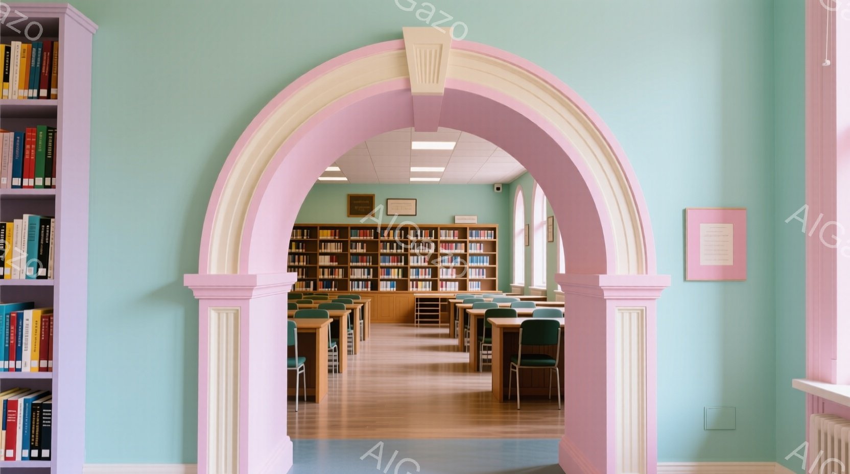 柔らかいピンク色のアーチが印象的な図書館内部の写真です。奥には整然と並んだ本棚と、緑色の椅子が置かれた机が並び、静かで落ち着いた雰囲気が漂っています。壁は水色で、明るく開放的な空間を作り出しています。 - AI生成フリー素材