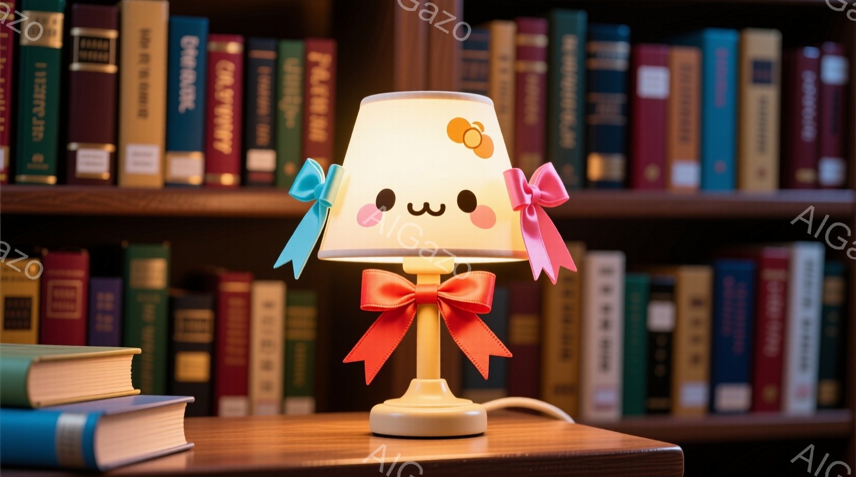 照明器のカトラリーが、娘のような可愛らしいスタンプ付き。背景は静かな書庫で、枠を持つ本が豊富に並び、紛れたイメージにより穏やかな雰囲気と表現力のある照明器が全体的な印象を作る。