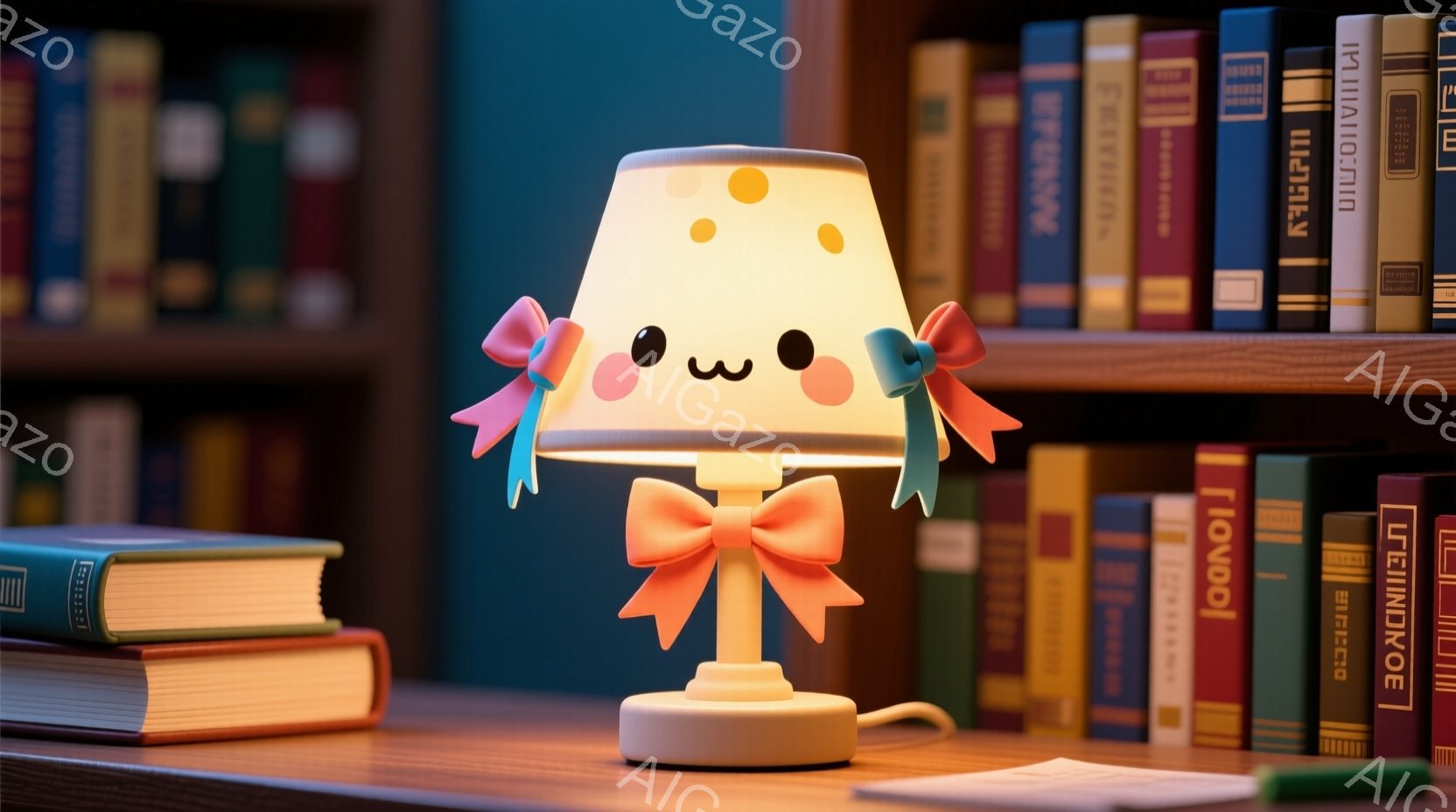 明るい黄色のランプが、可愛らしい顔とリボンで飾られたヘアスタイルで、本棚の前で微笑んでいます。ランプは机の上に置かれ、開かれたノートとペンが近くにあります。背景にはカラフルな本が並んだ本棚があり、暖か - AI生成フリー素材
