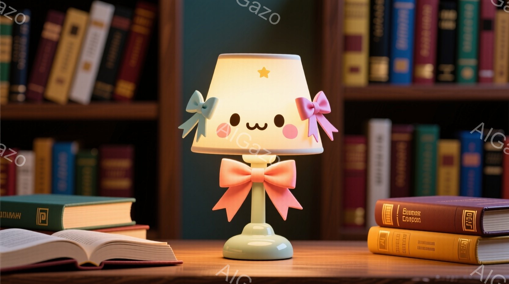 机の上に可愛らしい電球型のキャラクターが立っている。ピンクのリボンとフリルが特徴的で、ほのかな笑顔を浮かべている。背景には様々な色の本棚が並び、落ち着いた雰囲気を作り出している。 - AI生成フリー素材