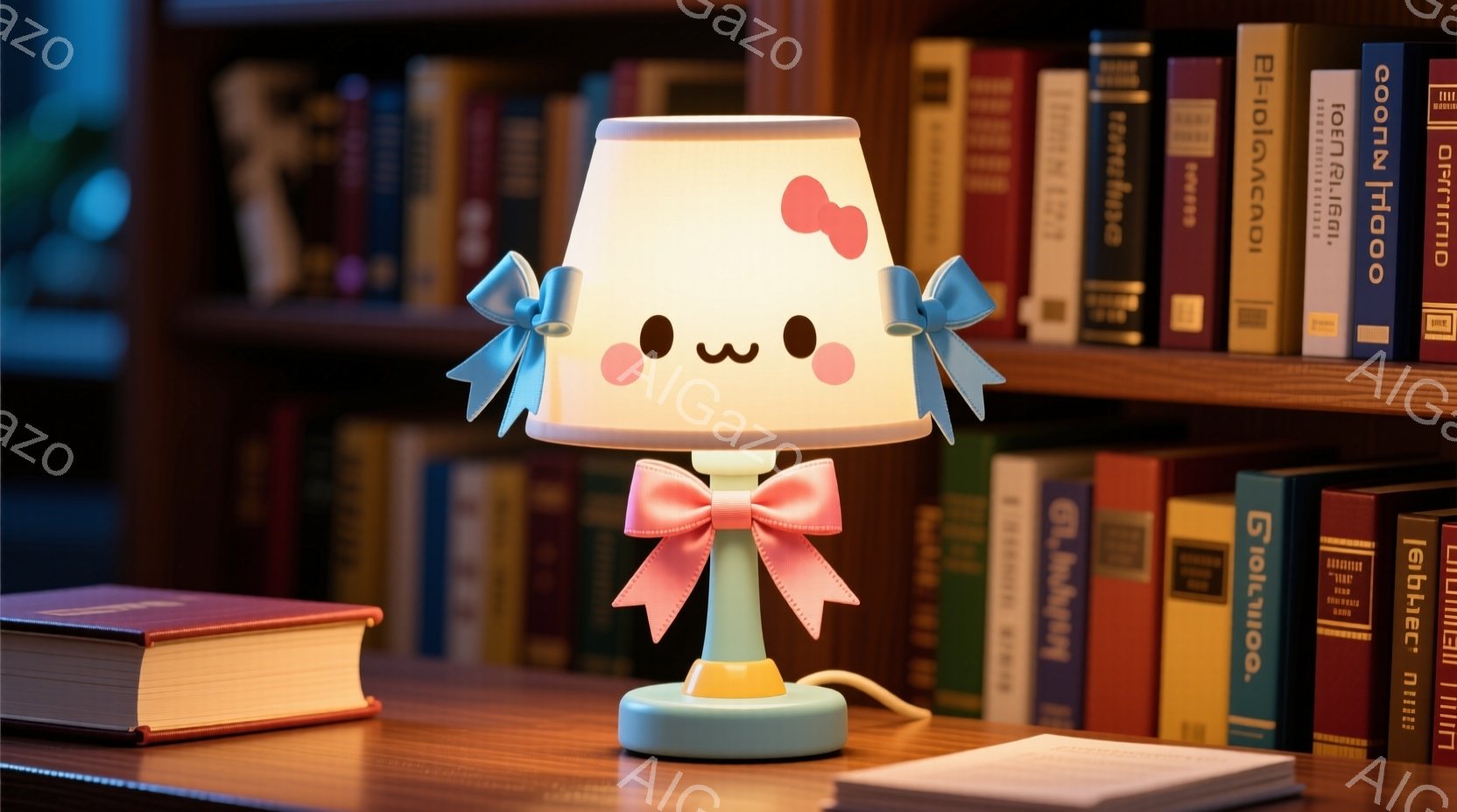 鮮やかなピンクと水色のランプが、本棚の前で微笑んでいます。ランプは可愛らしい表情をしており、頭にはリボン、首元にはフリルが付いています。背景には様々な色の本が並び、下には白いノートと鉛筆があり、落ち着 - AI生成フリー素材