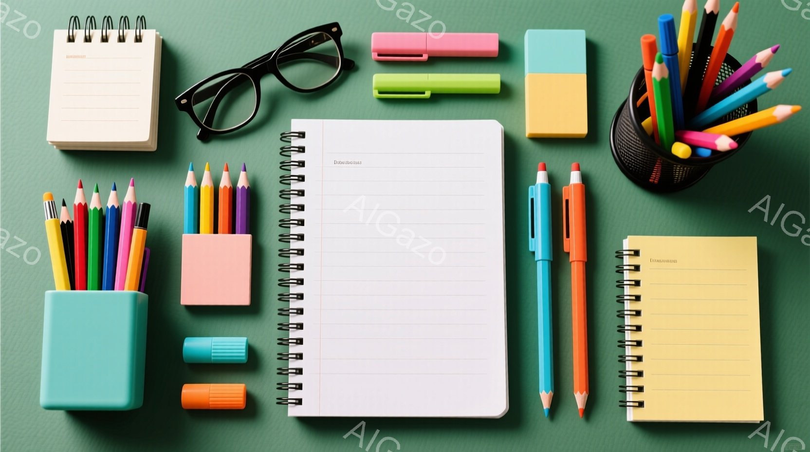様々な文房具が明るい緑色の背景に平置きされたものです。ノート、ペン、色鉛筆、蛍光ペン、そして眼鏡が整然と配置されており、学習や創造的な作業の準備ができている様子が伺えます。 全体的に鮮やかで、勉強や仕事へのモチベーションを高めるような雰囲気です。