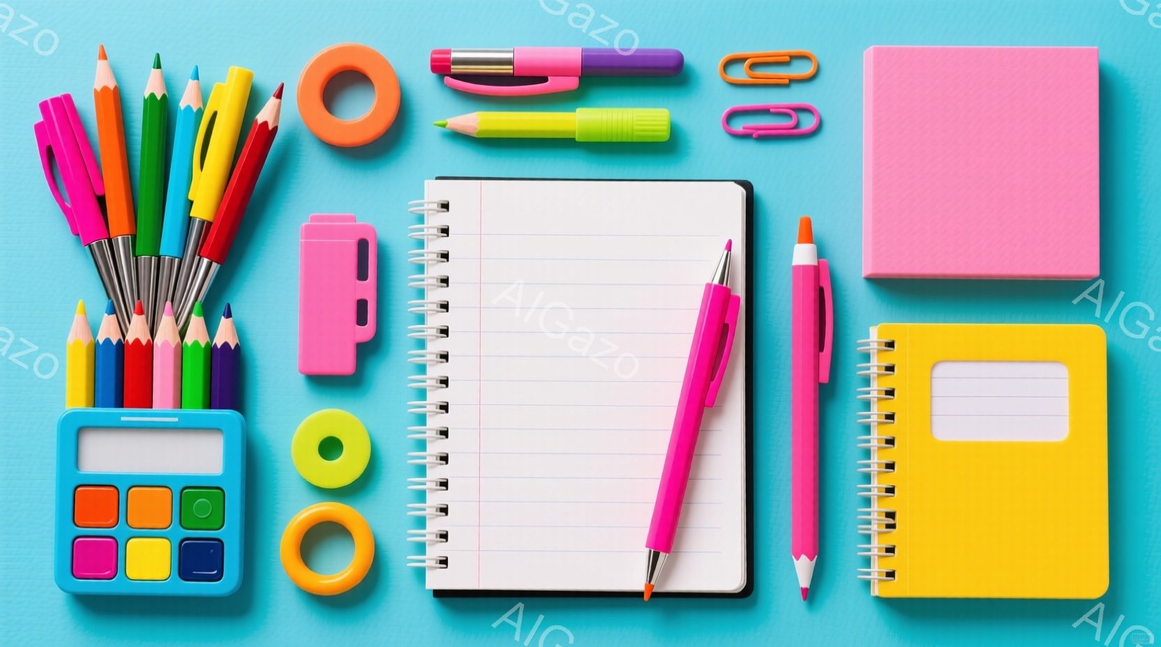 明るい水色の背景に、カラフルな文房具が整然と並べられています。クレヨン、電卓、ノート、ペン、クリップ、消しゴムなどが配置され、鮮やかで学習意欲をそそる雰囲気を醸し出しています。ノートは開いており、これから何か書き始める準備ができているような印象を与えます。
