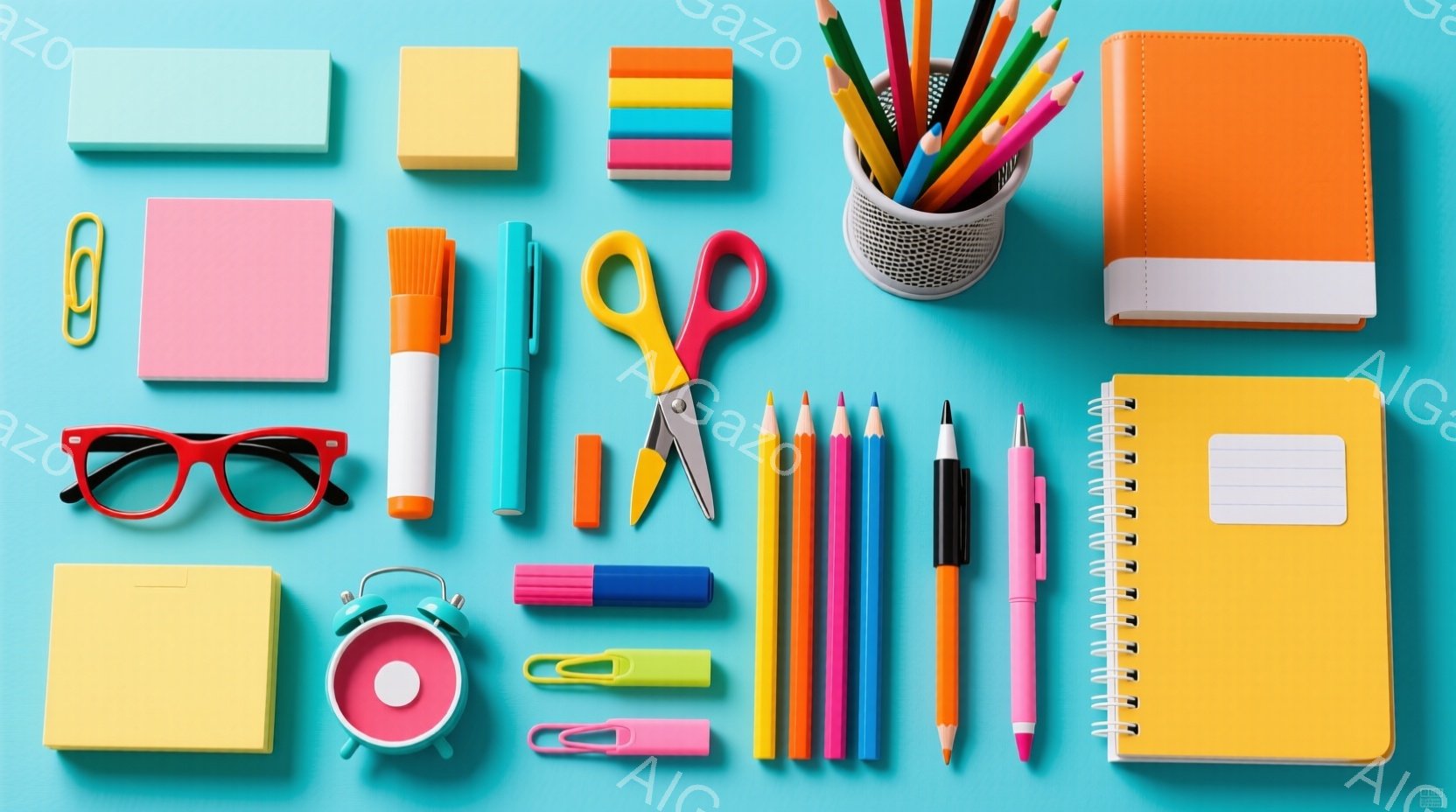 明るい水色の背景の上に、様々な文房具が配置されています。カラフルなポストイット、ハサミ、ペン、鉛筆、クリップ、目覚まし時計、メガネなどが整然と並べられており、学習や創作活動を連想させます。全体的に明るく、活気のある雰囲気が漂っています。