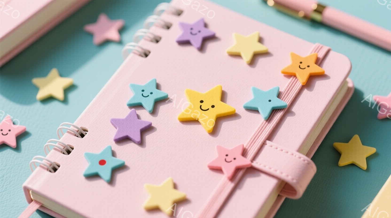 薄いピンク色のノートが、様々な色の笑顔の星のステッカーで飾られています。ノートはゴムバンドで留められており、ステッカーはノートの表面や周囲に散らばっています。全体的に柔らかく、遊び心のある、明るい雰囲気です。