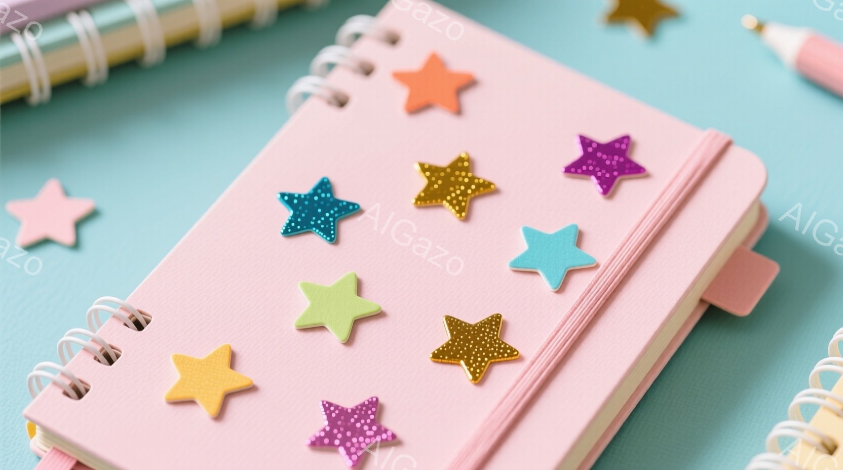 薄いピンク色のノートがターコイズブルーの背景に置かれ、様々な色の星形のステッカーが散りばめられています。ノートはリングノートで、開いており、ステッカーはピンク、紫、緑、青、黄色、オレンジなど、鮮やかな色合いです。全体的に、遊び心があり、創造的な雰囲気が漂っています。