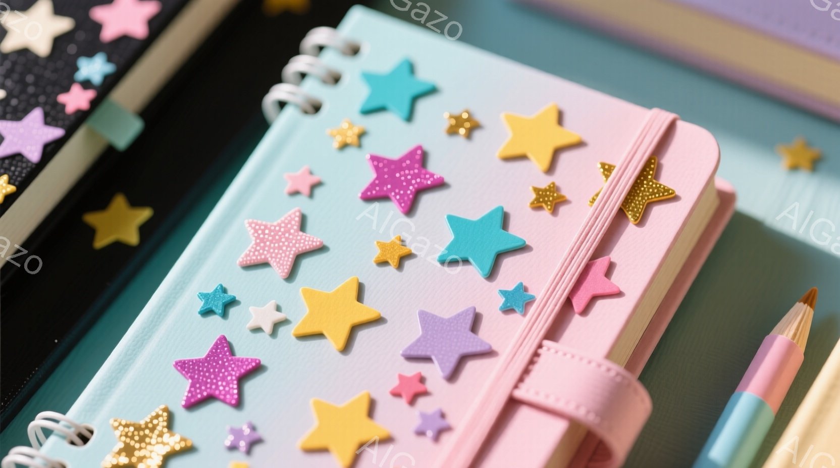 ピンク色の表紙に様々な色の星が散りばめられたノートが写っている。ノートはゴムバンドで閉じられており、背景には他のノートやペンが見える。全体的に明るく、可愛らしい雰囲気で、創造的な活動を連想させる。