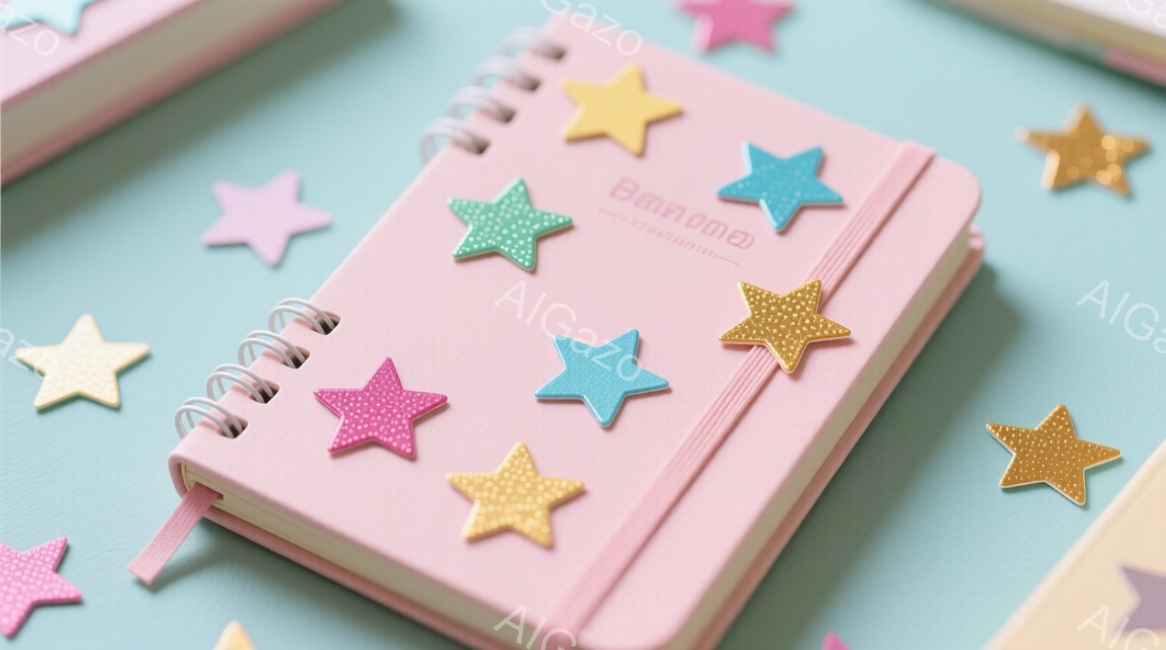 薄いピンク色のノートが、水色の背景に散りばめられた様々な色のキラキラした星に囲まれています。ノートは閉じた状態で、表紙には金色の文字で何らかのロゴが記されています。明るく可愛らしい雰囲気で、創造性や学 - AI生成フリー素材