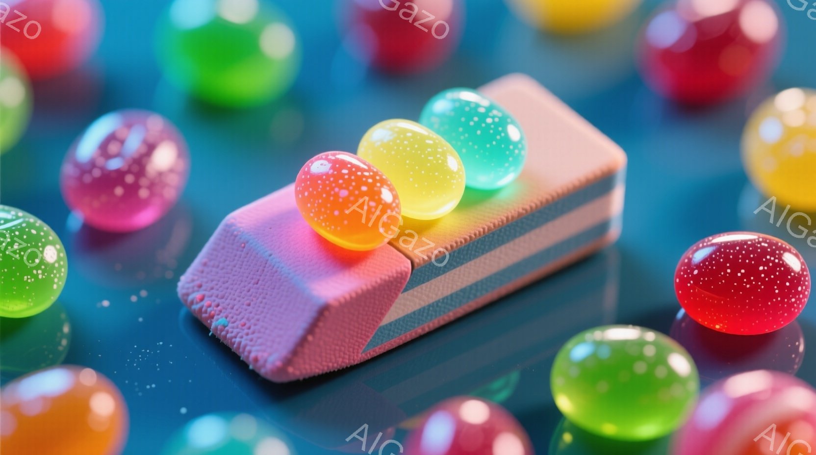 鮮やかな色のキャンディのような球体が、水色の背景に散りばめられています。ピンク色のストライプが施された、擦り切れたガムのような物体が中心にあり、その上にオレンジと緑の球体が乗っています。全体的にポップ - AI生成フリー素材