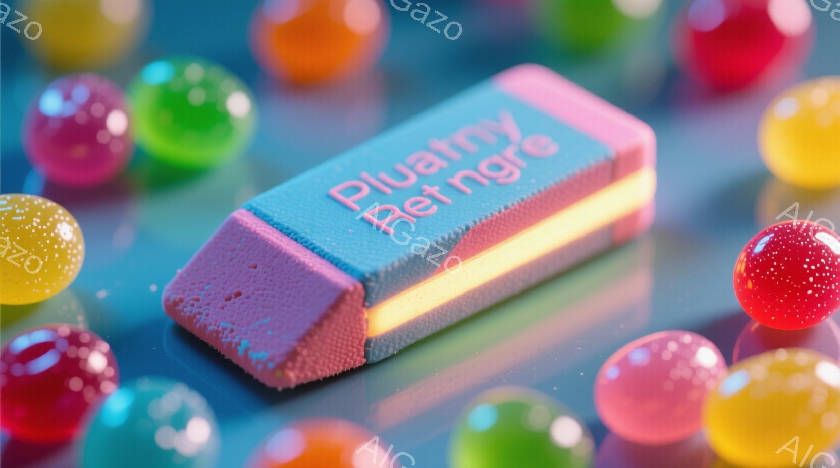 鮮やかなピンク色の消しゴムが、さまざまな色のビー玉に囲まれて写っている。ビー玉は赤、青、緑、オレンジなどがあり、光沢があり、消しゴムの周りに散らばっている。背景はぼやけており、明るく遊び心のある雰囲気を醸し出している。