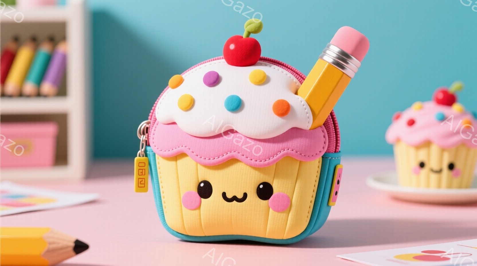 黄色い背景にピンク色のクリームとカラフルなスプリンクルをトッピングした、かわいらしいカップケーキを模したポーチが写っています。このポーチは、大きな目と控えめな笑顔で愛らしい表情をしており、ピンク色の棚と鉛筆、紙の切れ端が背景にあります。全体的に、明るく遊び心のある、子供向けの雰囲気です。