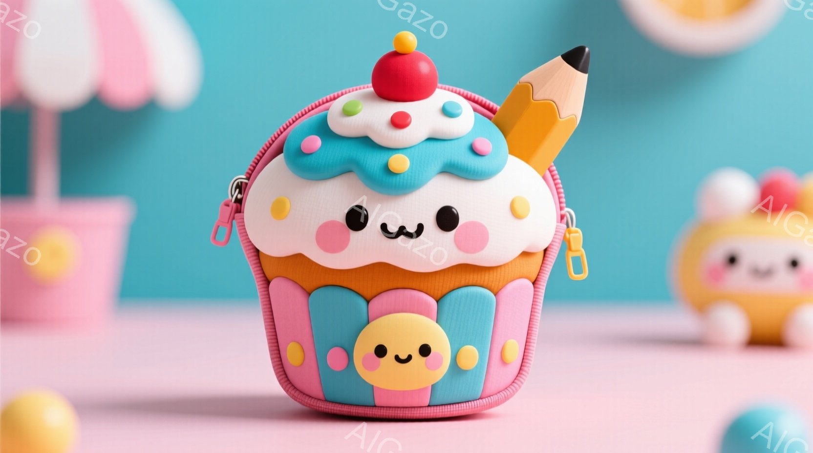 パステルカラーを基調とした可愛らしい画像です。ピンクと紫のストライプが特徴的なカップケーキ型のペンケースが中央にあり、クリームにはカラフルなトッピングが施されています。背景には、パステルブルーとピンクの建物や、丸いオブジェクトが散りばめられており、全体的に夢のような、甘い雰囲気を醸し出しています。