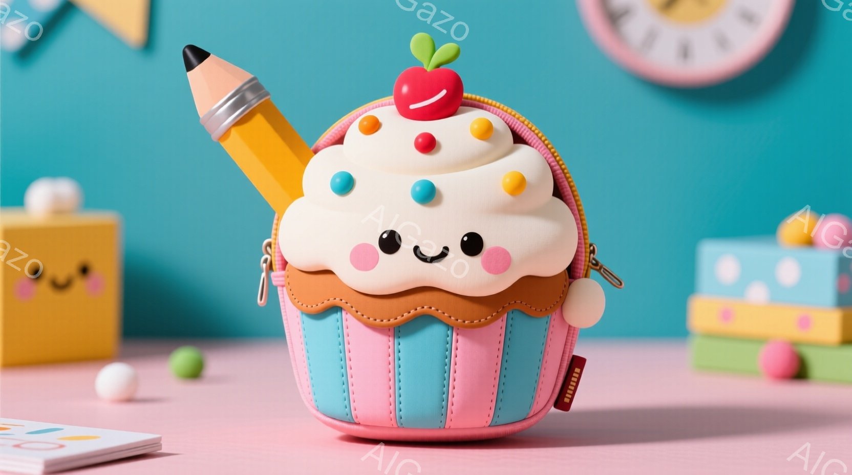 明るいピンク色の背景に、カップケーキの形をしたペンケースが置かれています。クリーム部分は白く、カラフルなスプリンクルが飾られ、上には赤い果実が乗っています。背景には積み木や丸いキャンディのようなものが - AI生成フリー素材