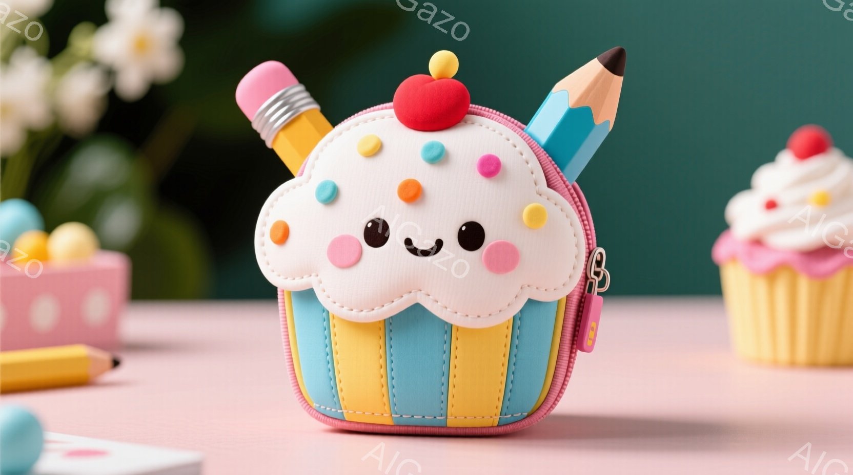 鮮やかなピンク色の背景に、カップケーキの形をしたペンケースが置かれています。白いクリームにカラフルなトッピングが施され、赤いチェリーが飾られています。ペンケースの側面に鉛筆が差し込まれており、可愛らしい表情と全体的に明るく楽しい雰囲気を醸し出しています。