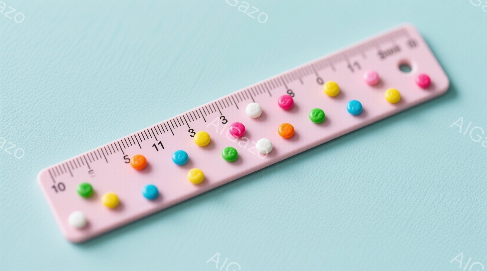 薄い水色の背景に、ピンク色の錠剤ケースが置かれています。ケースにはカラフルな丸い錠剤が並んでおり、0から11までの数字が示されています。これはおそらく、避妊薬やホルモン補充療法で使用されるカレンダー型の錠剤ケースでしょう。