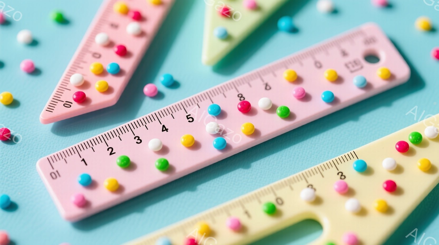 明るい水色の背景の上に、ピンクと黄色の三角定規が置かれています。定規には、カラフルな小さな円形のビーズが規則的に並べられており、背景にも同じビーズが散りばめられています。全体的に、ポップで遊び心のある雰囲気が漂い、子供向けの学習教材や創造的なプロジェクトを連想させます。