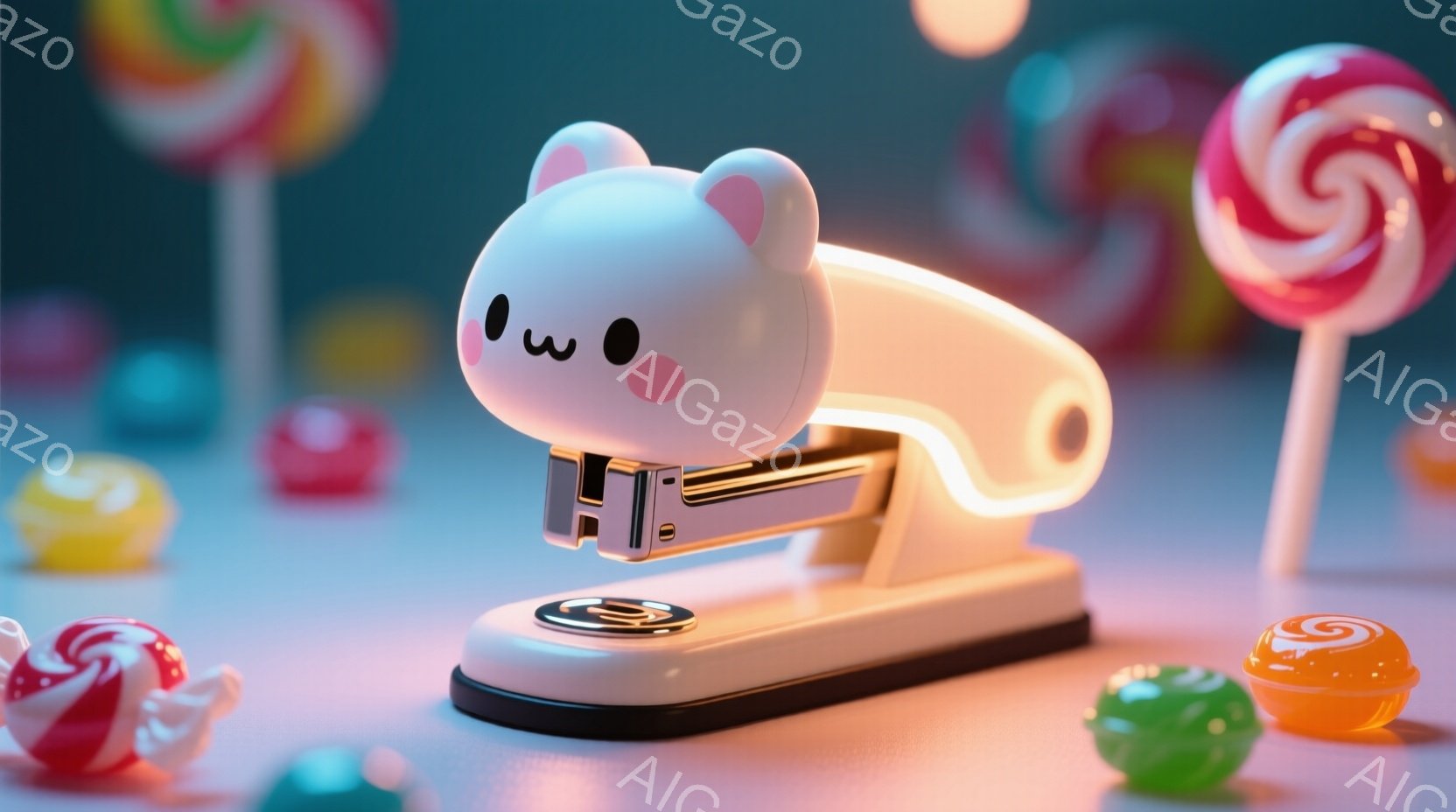 鮮やかなキャンディに囲まれた、かわいらしいステープラーが中央に配置されています。ステープラーは白いウサギのような形をしており、つぶらな瞳とほのかな笑顔が特徴的です。背景はパステルカラーで彩られ、遊び心あふれるお菓子の世界が表現されています。