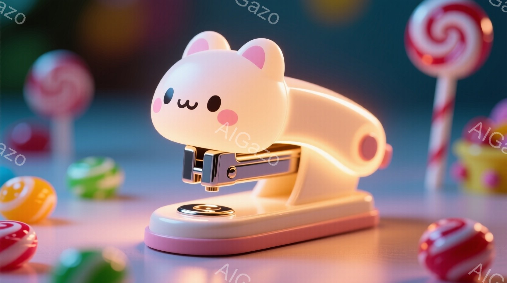 ピンク色の可愛らしいステープラーが、まるで猫のような丸いフォルムで中央に配置されています。周囲には赤、緑、オレンジ、ピンクのキャンディーが散りばめられ、明るく甘い雰囲気を醸し出しています。背景は淡い色合いで、全体的にパステルカラーで統一された、夢のような世界観を表現しています。