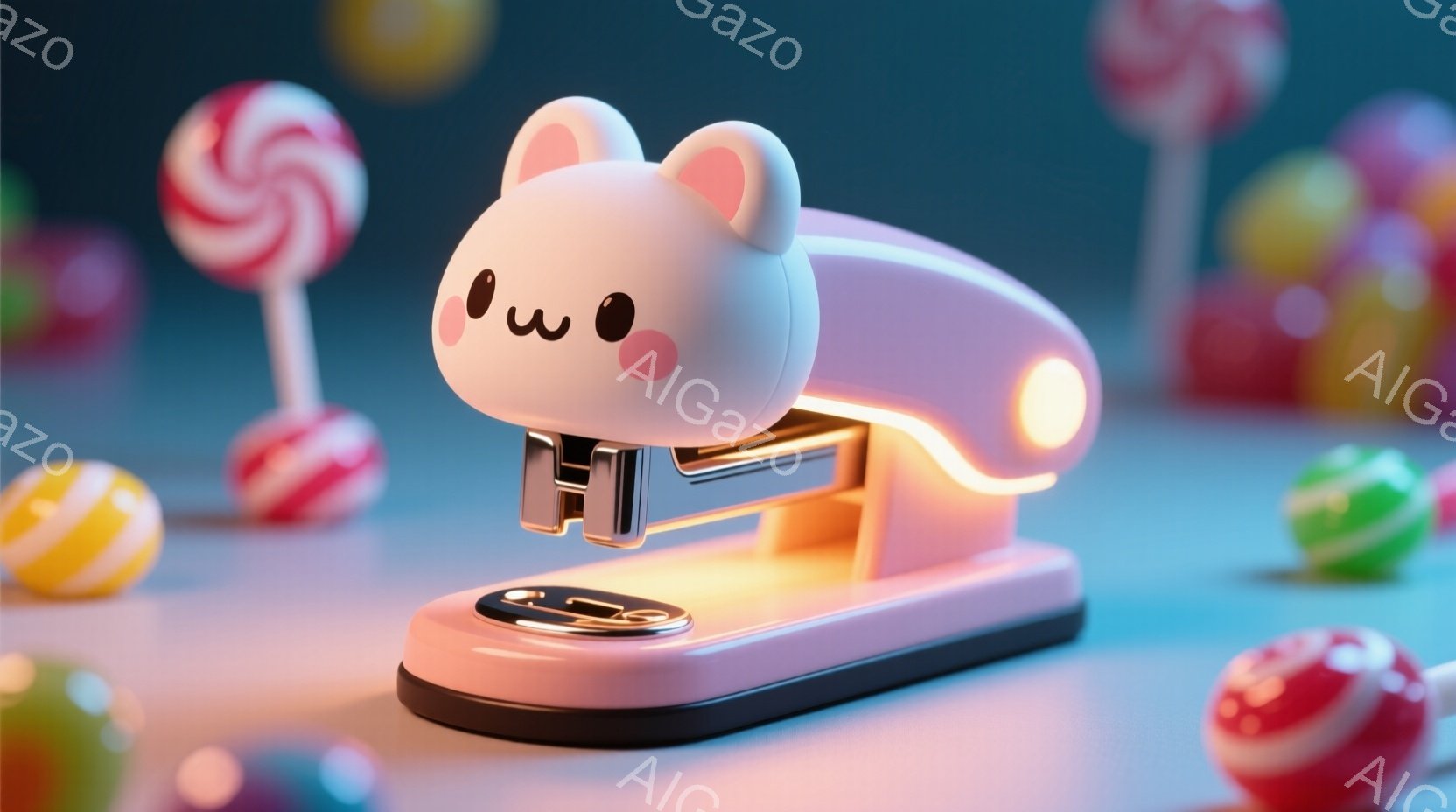 淡いピンク色のステープラーが、可愛らしい表情で中央に配置されています。背景には、赤、緑、黄色、ピンクのキャンディが散りばめられ、鮮やかな色彩が楽しめます。全体的に、パステルカラーと丸みを帯びたフォルムが、甘く優しい雰囲気を醸し出しています。