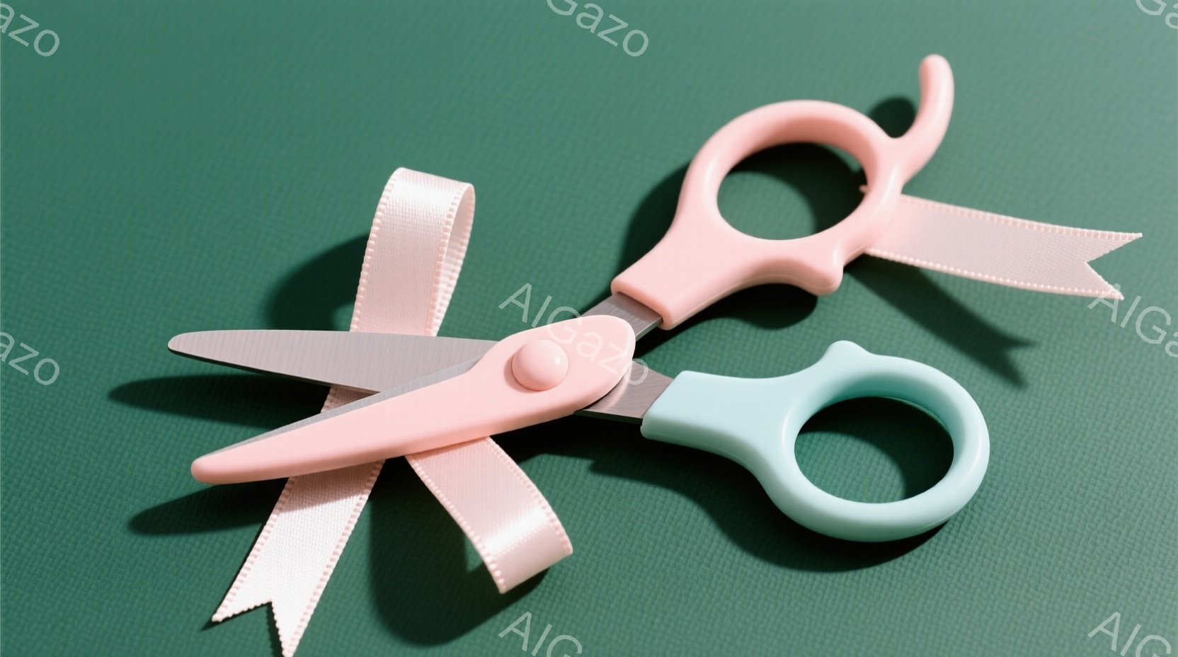 薄いピンク色の切れ端が添えられた水色のハサミが、緑色の背景に置かれています。ハサミは開いており、切れ端は少しカールしています。全体的に、何かを切り開く、または新しい始まりを象徴するような、明るく軽やかな印象を与えます。