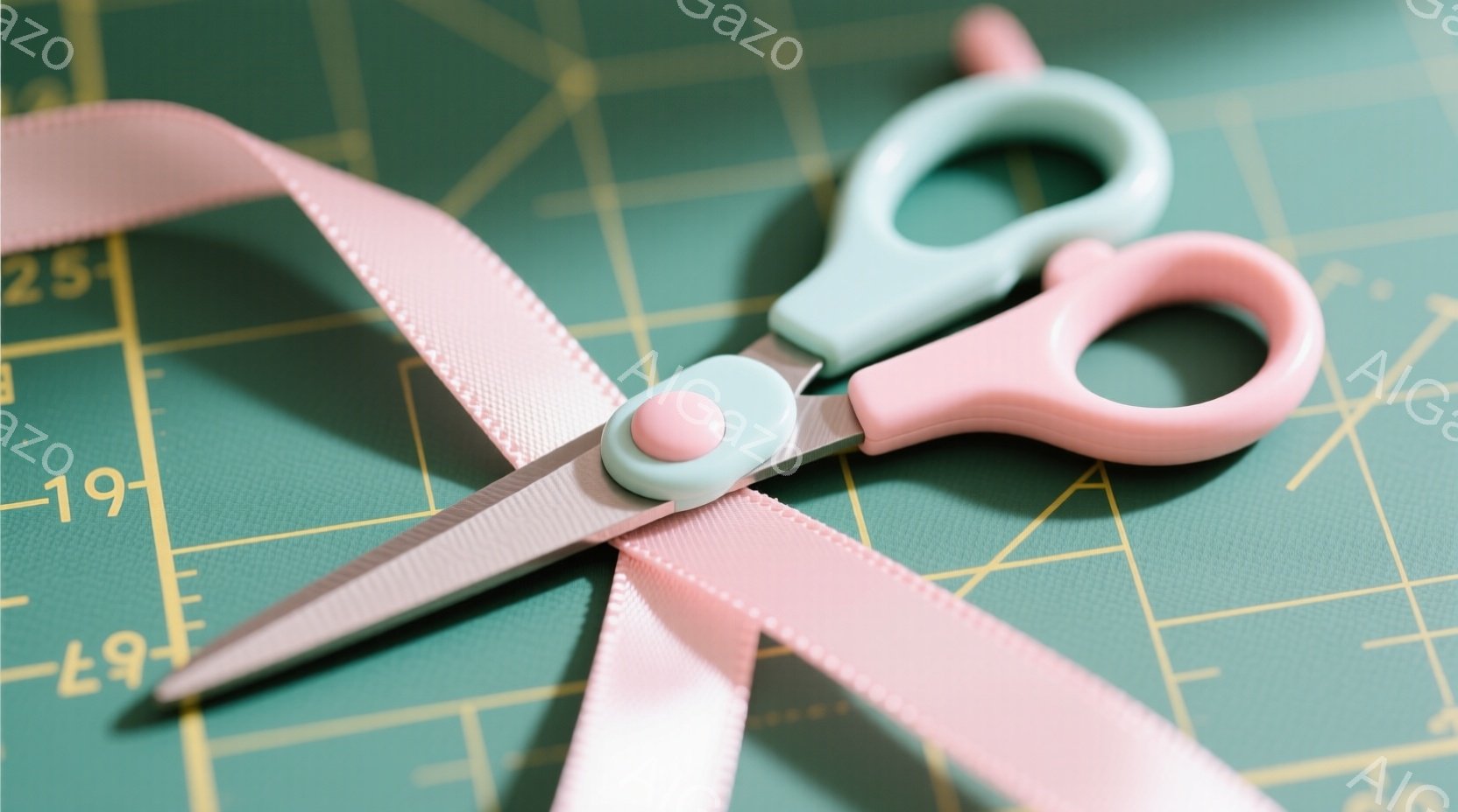 明るい緑色の裁縫マットの上に、ピンク色のハサミとピンク色の生地が写っています。ハサミは開いており、生地を裁断しようとしている最中のようです。全体的に、手芸や裁縫の準備段階を捉えた、明るく穏やかな雰囲気です。