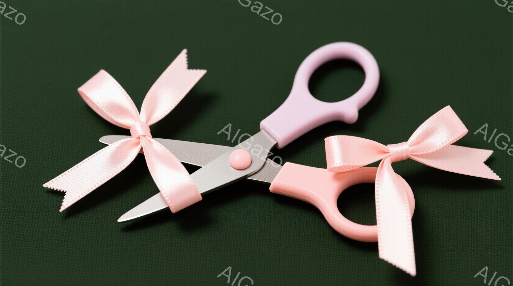 柔らかいピンク色のリボンが、使用済みの切断された状態で、パステルピンクのハサミに結び付けられています。ハサミの刃は金属で、リボンの端は少しほつれており、背景は暗い緑色のテクスチャード加工された表面です。 全体的に、儀式的な切断やプレゼントの開封を暗示する、繊細で装飾的な雰囲気があります。