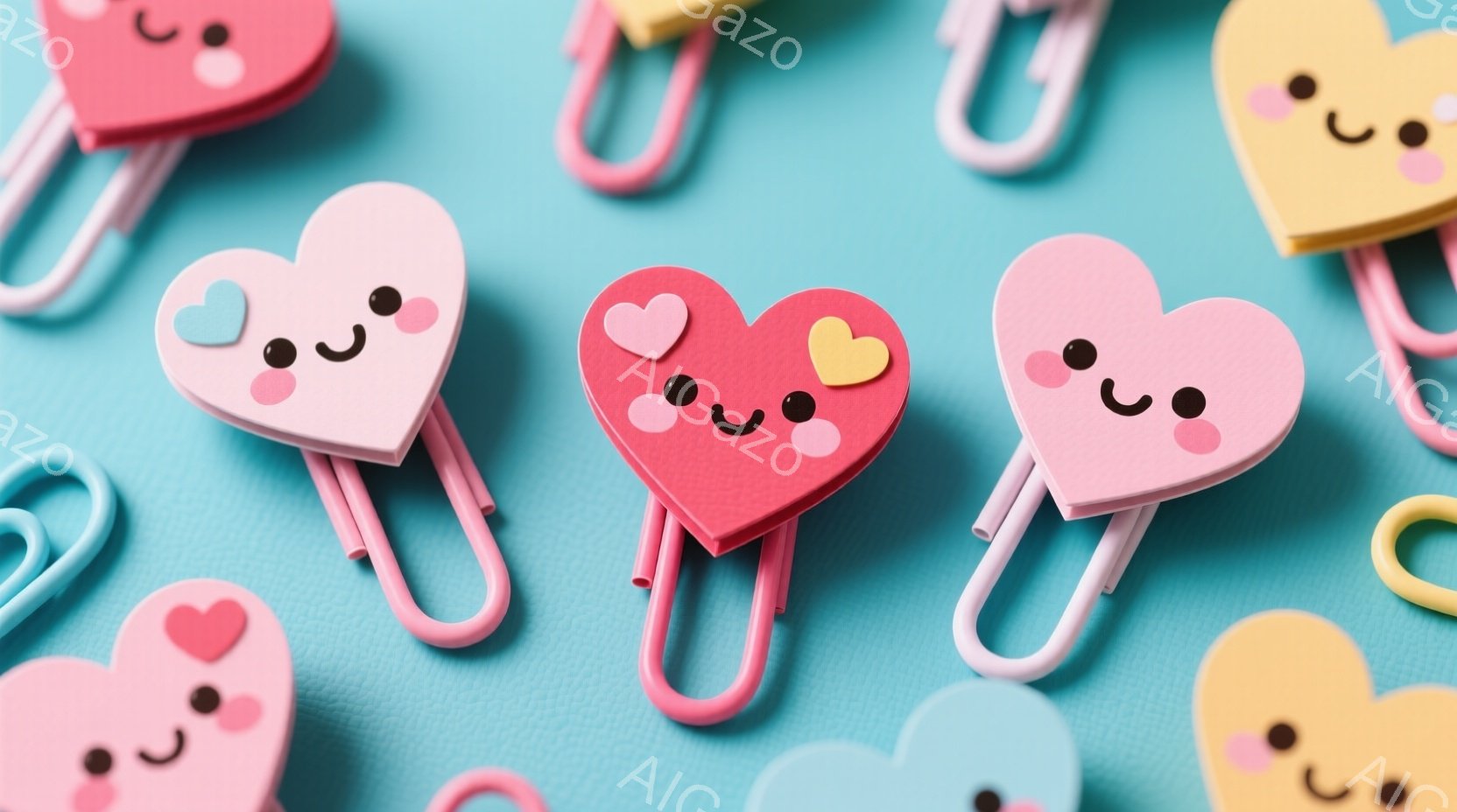 明るい水色の背景に、可愛らしいハート型のクリップが多数散りばめられています。クリップはピンク、黄、水色で、それぞれに笑顔と丸い頬、そして小さなハートの模様が描かれています。全体的に暖かく、ポップで、遊 - AI生成フリー素材