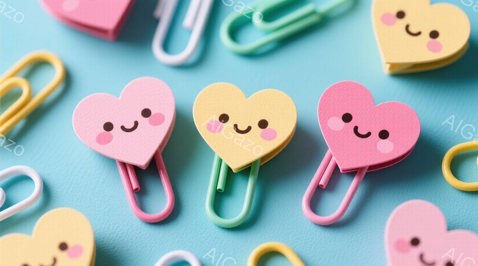 明るい水色の背景に、可愛らしいハート型のクリップが散りばめられています。クリップはピンクと黄色の２色で、それぞれつぶらな瞳と微笑みを浮かべており、愛らしい雰囲気を醸し出しています。緑色のクリップもいく - AI生成フリー素材