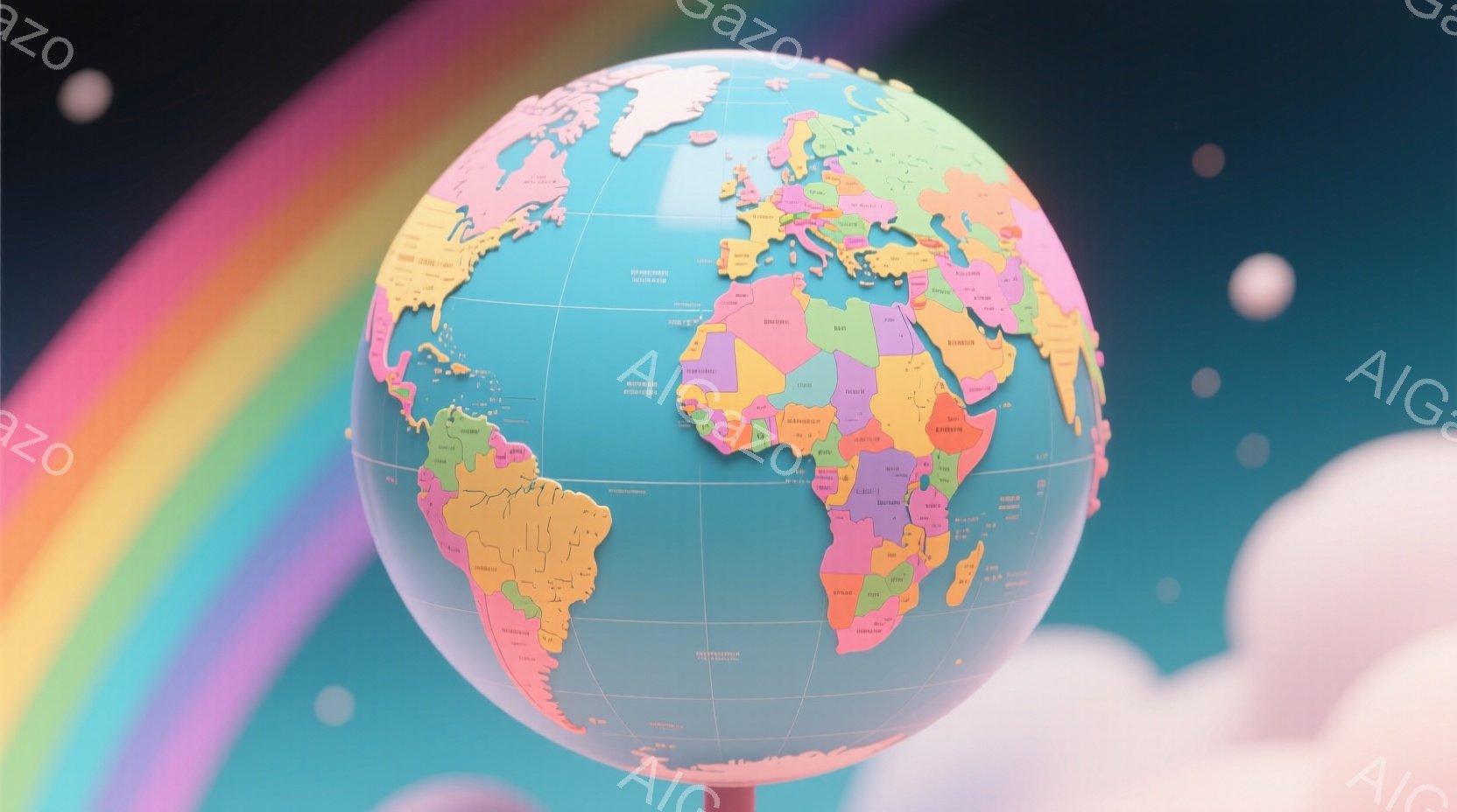 鮮やかな色彩の地球儀が、虹色の光線と白い雲、そして星が散りばめられた宇宙空間に浮かんでいる。各大陸はパステルカラーで塗り分けられ、可愛らしい印象を与える。全体的に夢幻的で、どこか幻想的な雰囲気が漂って - AI生成フリー素材