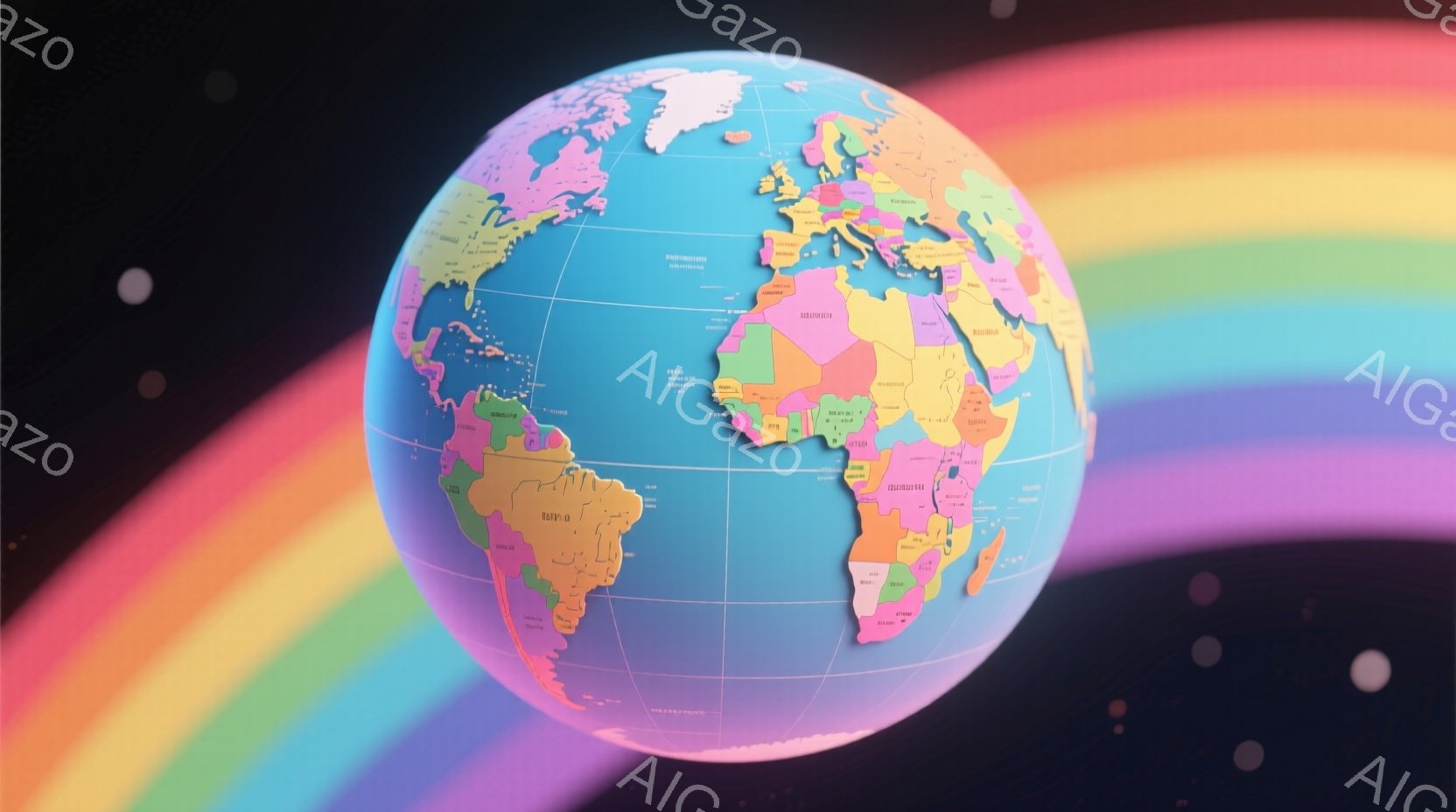 カラフルな世界地図が、虹色の光の帯と暗い宇宙空間を背景に浮かんでいます。大陸はそれぞれ異なるパステルカラーで塗り分けられ、まるでパズルのピースのように区切られています。全体的に夢幻的で幻想的な雰囲気を醸し出しており、明るい色彩と暗い宇宙のコントラストが印象的です。