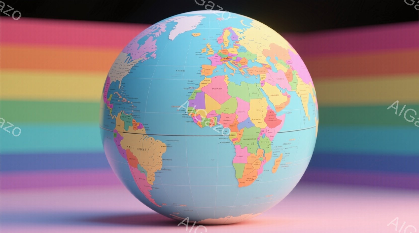 地球儀が、鮮やかなグラデーションの背景を背景に浮かび上がっています。各大陸は異なる色で塗り分けられ、詳細な国名が記載されています。全体的に柔らかい光が当たり、現実的でありながらもどこか幻想的な雰囲気を醸し出しています。