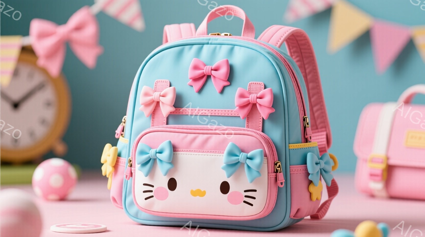 ターコイズブルーとピンクの可愛らしいリュックサックが中央に配置されており、キティちゃんの顔がデザインされています。背景にはパステルカラーの旗や小さな卵型のオブジェクトが散りばめられ、明るくお祝いムードを演出しています。全体的に柔らかい色調と愛らしいデザインで、子供向けの遊び心溢れる雰囲気が漂っています。