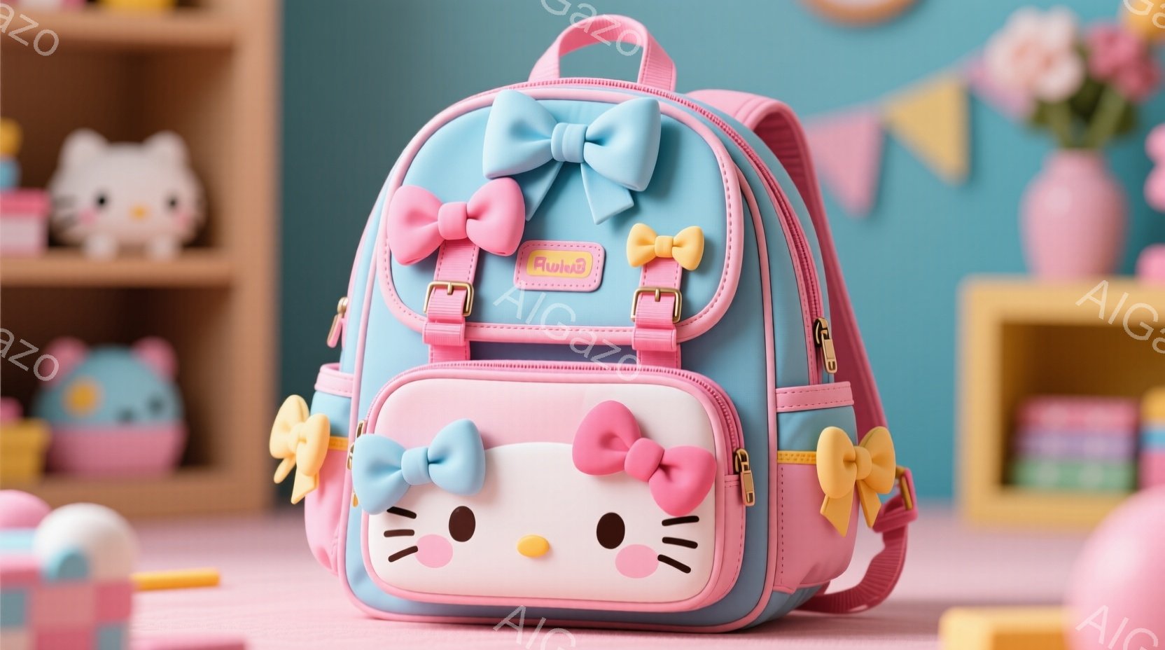 明るい水色の背景に、キティちゃんのイラストが描かれたピンクと水色のリュックサックが置かれています。リュックサックにはピンクのリボンと黄色い花が飾りとして付いており、可愛らしい雰囲気を醸し出しています。背景にはパステルカラーの建物や小物があり、全体的に柔らかく優しい印象を与えます。