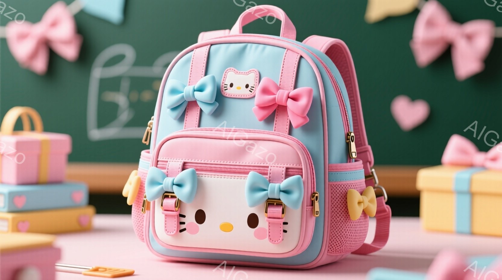 明るい青とピンクの子供用リュックサックが写っています。リュックサックにはかわいい猫の顔がデザインされており、大きなピンクのリボンが飾られています。背景には、パステルカラーのプレゼントの箱の山と、ピンクや水色のリボンが浮かんでおり、お祝いやプレゼントのイメージを喚起させます。