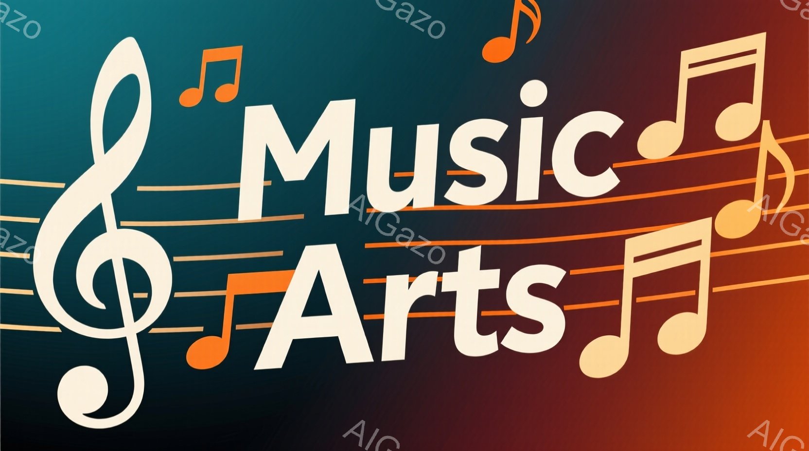 音楽記号のト音記号と「Arts」という文字が重ねられたデザインです。背景は、赤から青へのグラデーションで、音楽的な雰囲気と芸術性を表現しています。シンプルながらも印象的な構図で、音楽やアートに関連する - AI生成フリー素材