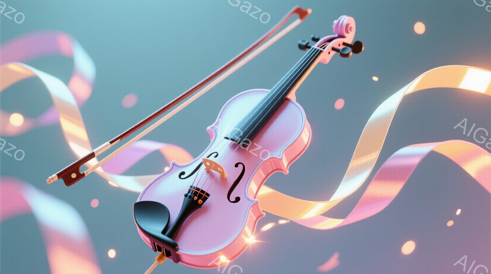 淡いピンク色のバイオリンが、光沢のある背景の中で浮かび上がっています。周りには、クリーム色とピンク色のリボンが舞い、まるで祝福のシーンを思わせます。全体的に柔らかく夢幻的な雰囲気で、楽器の美しさが際立 - AI生成フリー素材