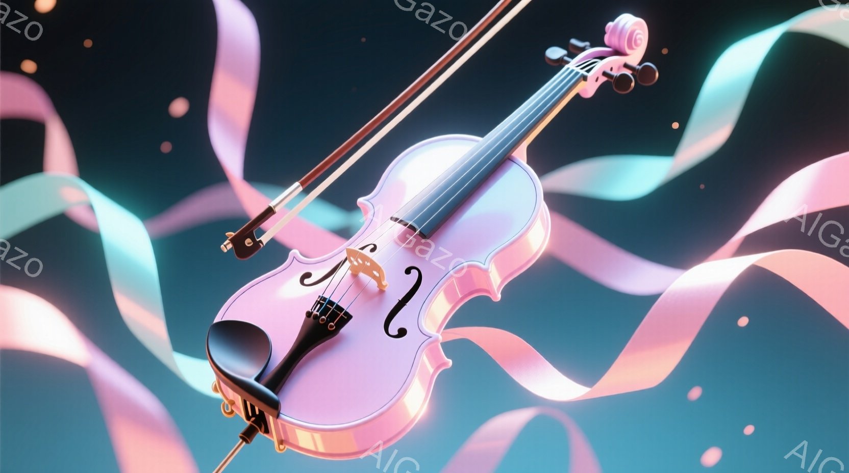 鮮やかなピンクと紫色のバイオリンが、流れるようなリボンに囲まれて浮かび上がっています。楽器は光沢があり、まるで夢の中のような幻想的な雰囲気を醸し出しています。背景は暗く、光の粒子が散りばめられ、さらに - AI生成フリー素材