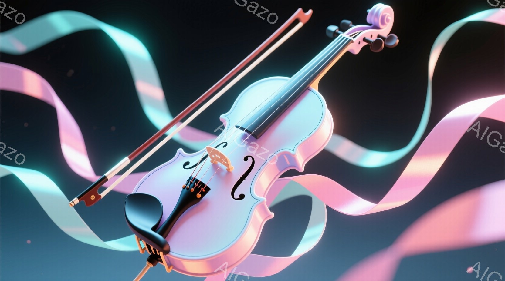 鮮やかなピンクと水色のリボンが渦巻く背景に、白く光り輝くバイオリンが浮かび上がっています。バイオリンは弓とともに、まるで音楽が流れ出すかのように躍動感のある構図で配置されています。全体的に幻想的で夢幻 - AI生成フリー素材