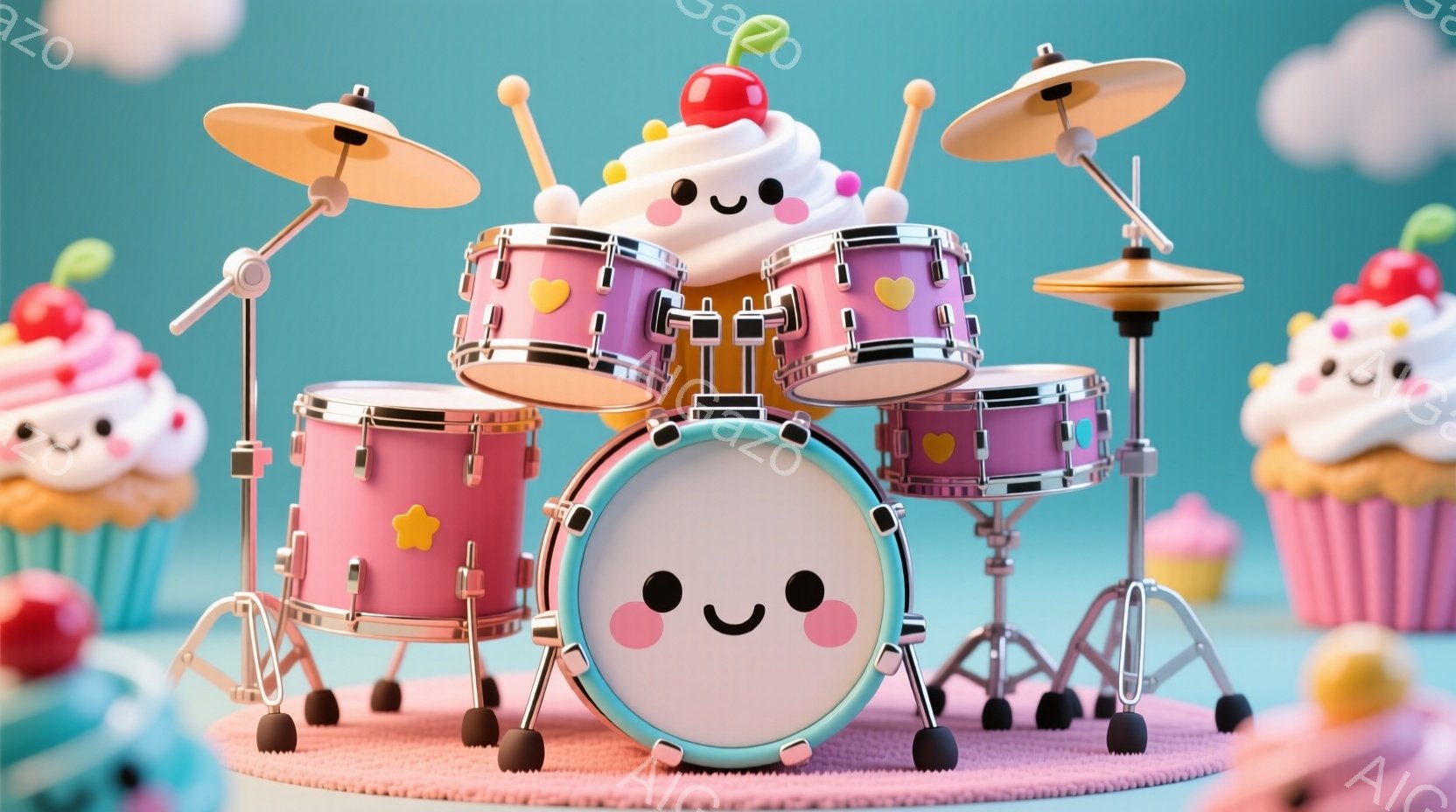 明るいターコイズブルーの背景に、ピンク色のドラムセットとキュートなカップケーキのキャラクターが描かれています。ドラムセットは、ピンク地に黄色い星の模様が描かれ、カップケーキのキャラクターはドラマーとし - AI生成フリー素材