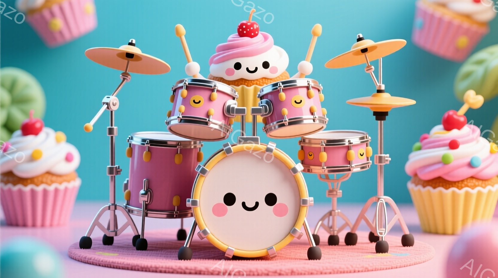 明るいピンク色の円形のステージ上に、カラフルなドラムセットが配置されています。ドラムセットはすべて可愛らしい表情を持ち、ピンクと白の配色で、まるでスイーツのようです。背景には、クリームとチェリーが乗っ - AI生成フリー素材