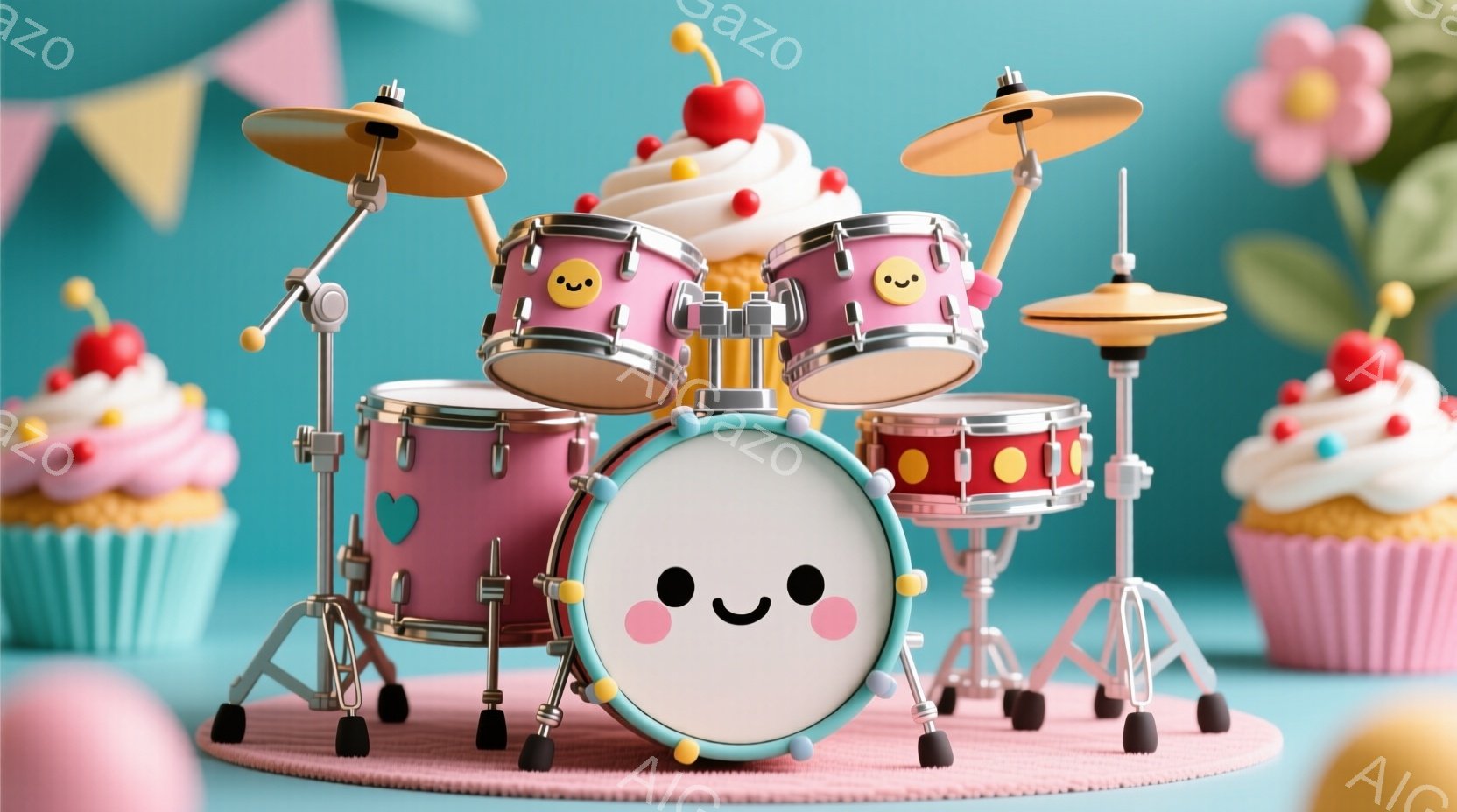 ピンク色の背景に、可愛らしいドラムセットが設置されています。ドラムはすべてクリームとチェリーがトッピングされたカップケーキのようにデザインされ、それぞれに笑顔の顔が描かれています。背景にはさらにカップ - AI生成フリー素材