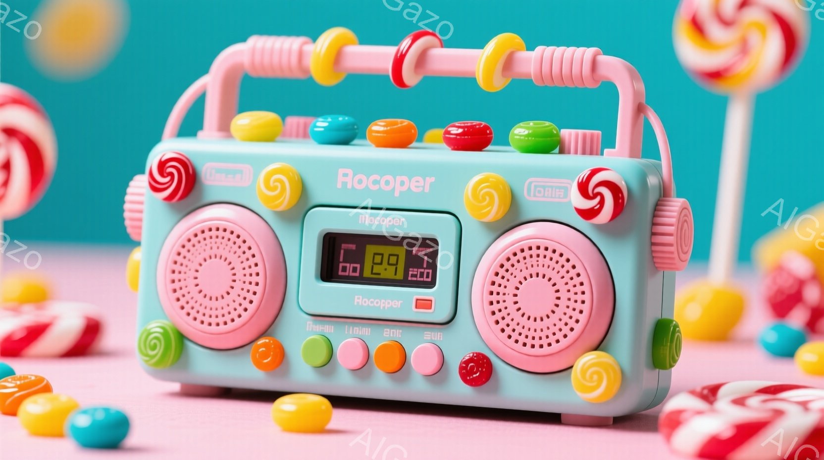 明るいピンク色の背景に、レトロなラジオカセットが置かれています。ラジオは水色で、様々な色のキャンディーで飾られており、遊び心に満ちた雰囲気を醸し出しています。デジタル表示には「0.09」と表示され、全 - AI生成フリー素材