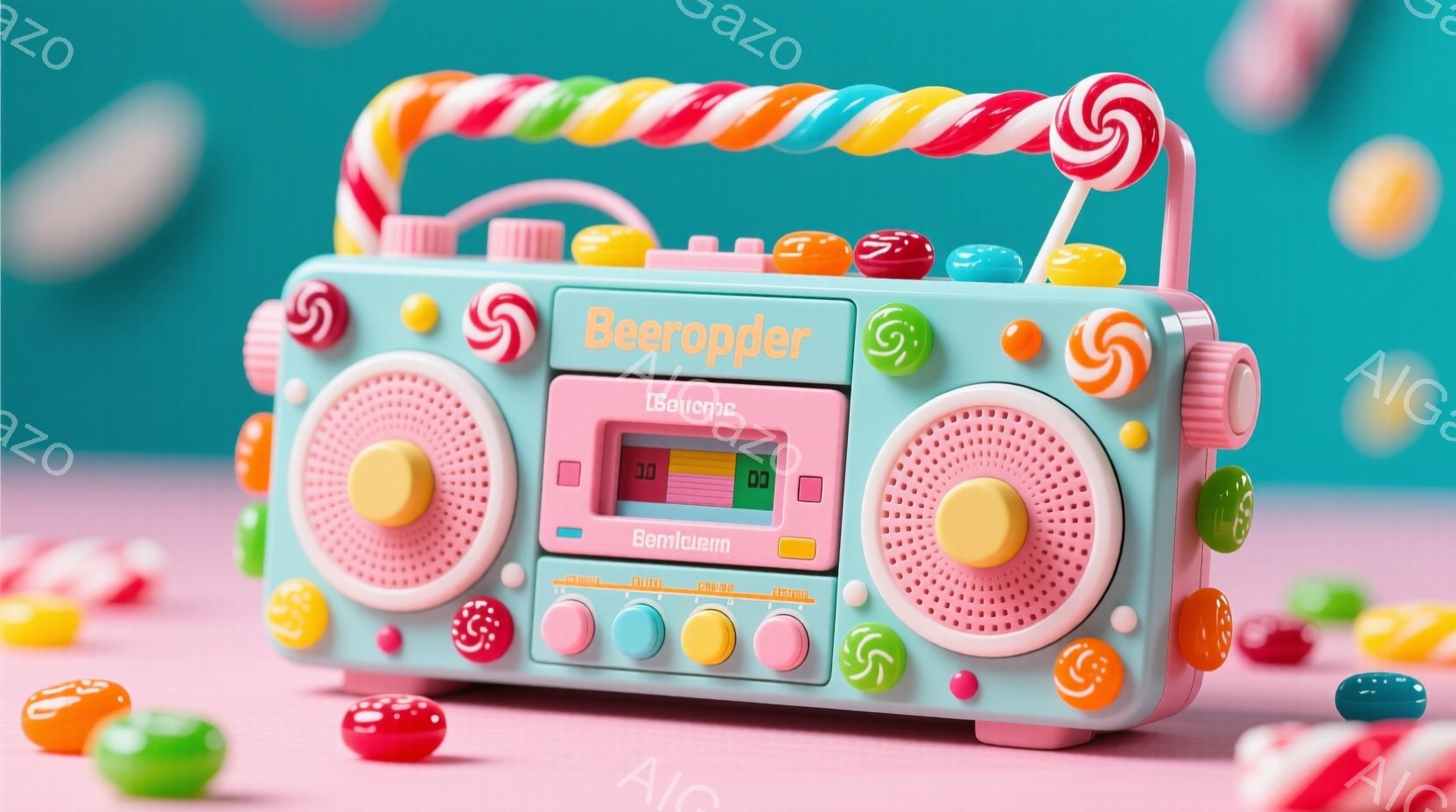 鮮やかなピンク色の背景に、レトロなブームボックスが置かれています。ブームボックスは水色で、キャンディやグミが周囲に散らばっており、まるで甘いお菓子の世界にいるようです。全体的にカラフルでポップな雰囲気で、遊び心満載の楽しいイメージです。