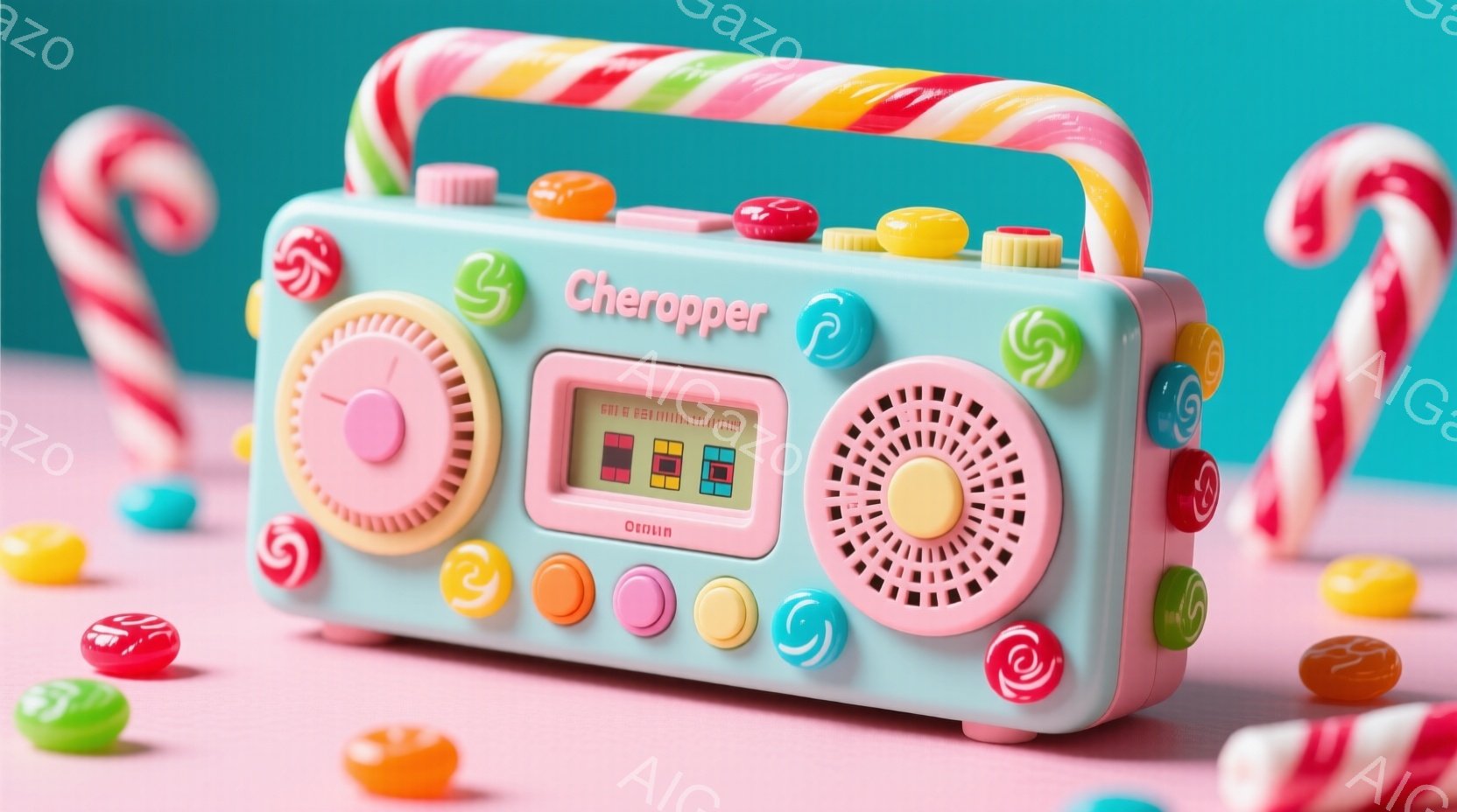 明るいピンク色のレトロなブームボックスが、キャンディーや赤と白の棒付きキャンディーに囲まれて配置されています。ブームボックスは丸みを帯びたデザインで、カラフルな円形のボタンとダイヤルが特徴的です。全体 - AI生成フリー素材
