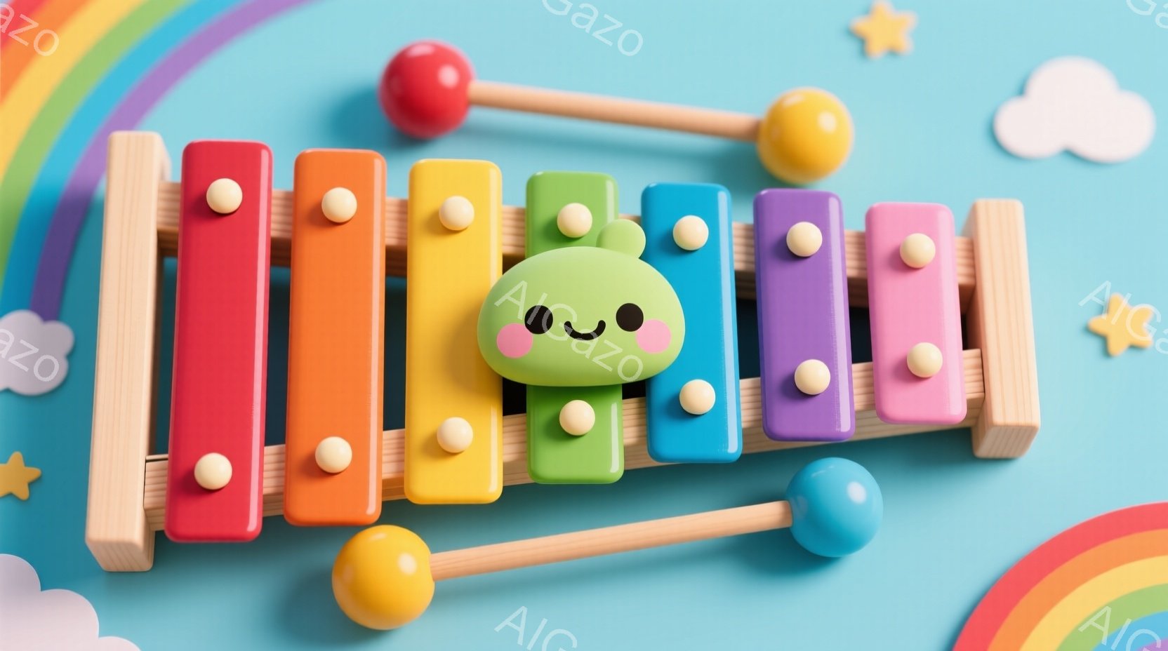 カラフルな木琴が画面中央に配置され、緑色の可愛らしい顔のキャラクターが琴の真ん中に座っています。背景は淡い水色で、虹と星の雲が浮かび、明るく楽しい雰囲気を醸し出しています。全体的にパステルカラーで、子 - AI生成フリー素材