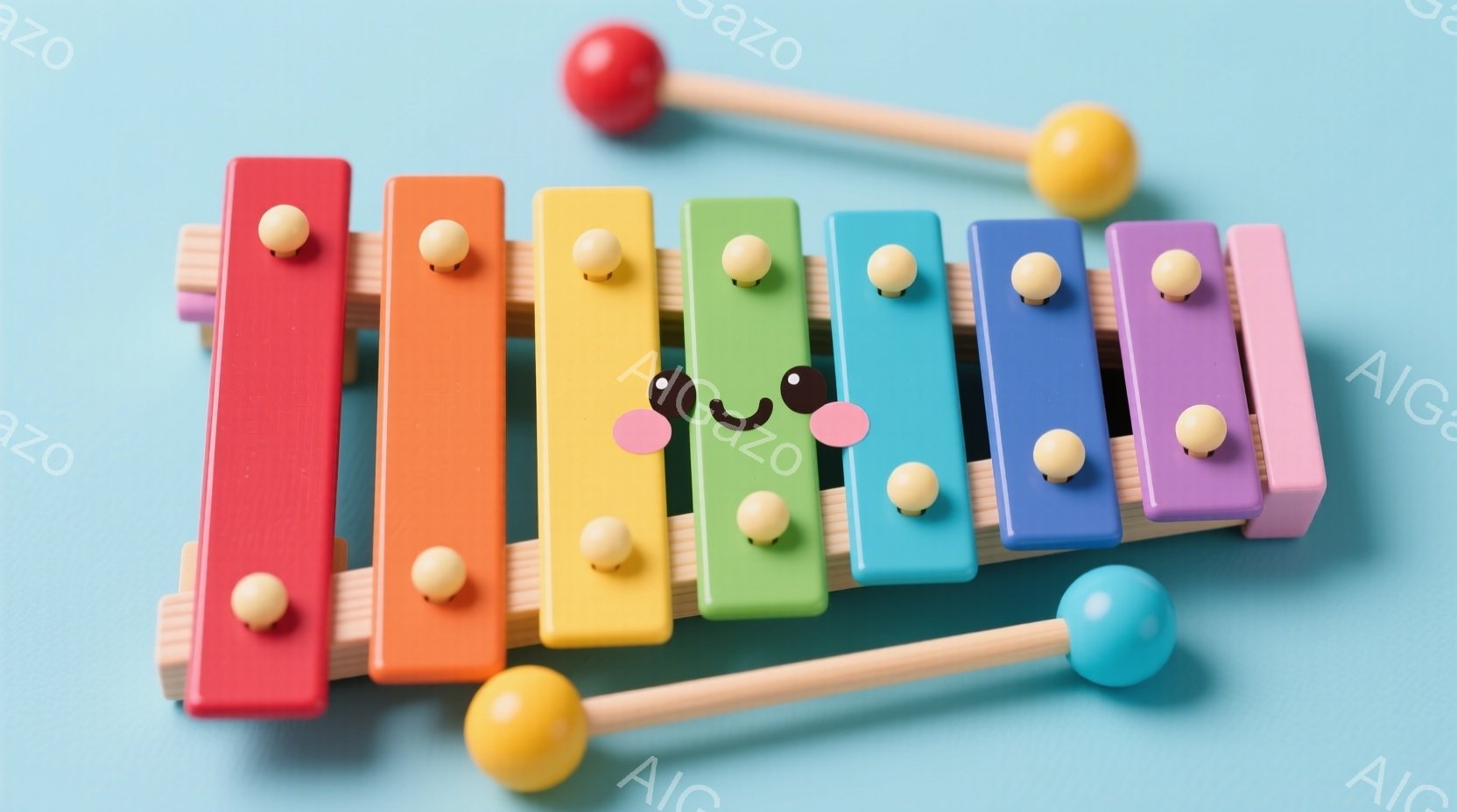 カラフルな木製のグロッケンシュピールが明るい水色の背景に置かれています。各鍵盤は赤、オレンジ、黄色、緑、青、紫の色で、それぞれの端には小さな木製の棒が付いています。二つの赤い木の棒が、グロッケンシュピ - AI生成フリー素材
