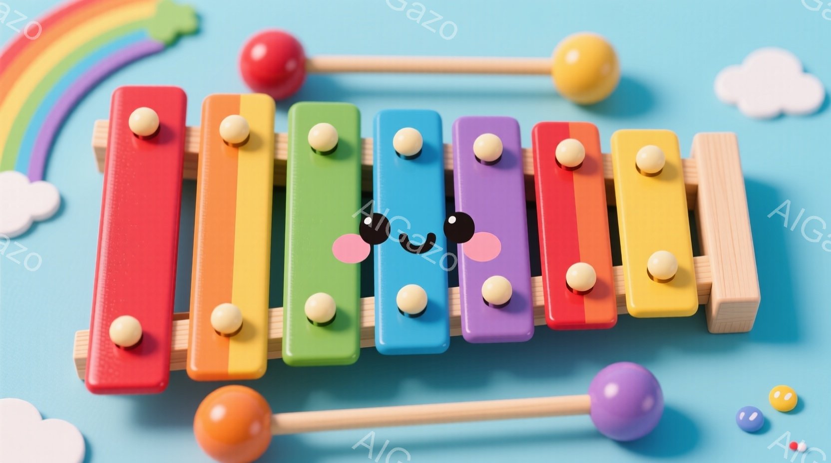 カラフルな木琴が明るい水色の背景に浮かんでいます。木琴の音板は赤、オレンジ、黄色、緑、青、紫と並び、それぞれに丸い木製の棒が付いています。虹と綿のような雲が背景を飾り、全体的に遊び心のある、楽しい雰囲 - AI生成フリー素材