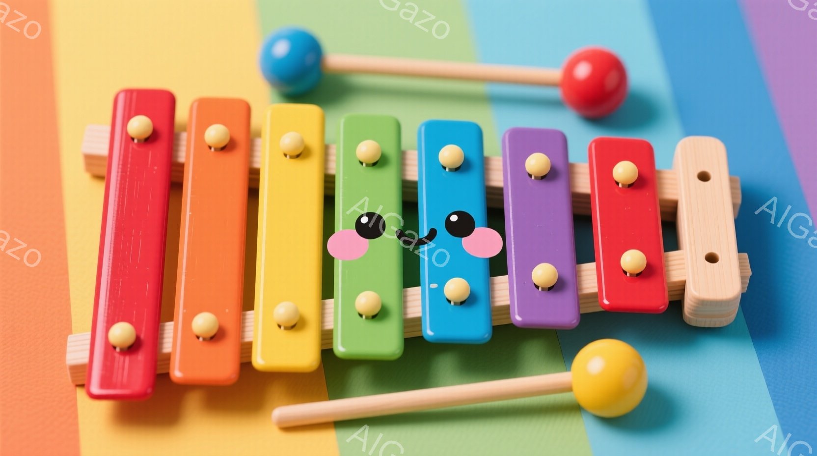 カラフルな木製のシロフォンが、ストライプ柄の背景の上に置かれています。各音板には丸い突起があり、両端には木製の棒が付いています。明るく陽気な雰囲気で、子供向けの玩具として楽しそうに見えます。 - AI生成フリー素材