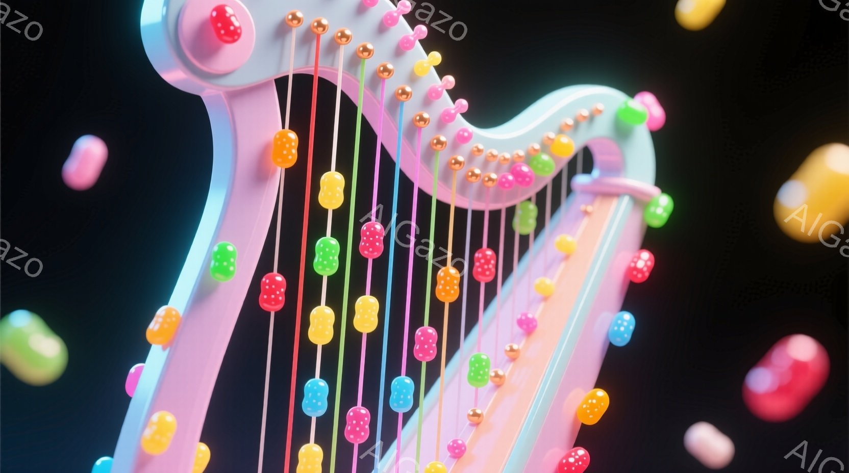 鮮やかな色彩のハープが黒い背景に浮かび上がっている。弦は様々な色合いのキャンディのような球体で飾られており、遊び心と幻想的な雰囲気を醸し出している。周囲には同様のキャンディが浮かび、夢のような空間を演 - AI生成フリー素材