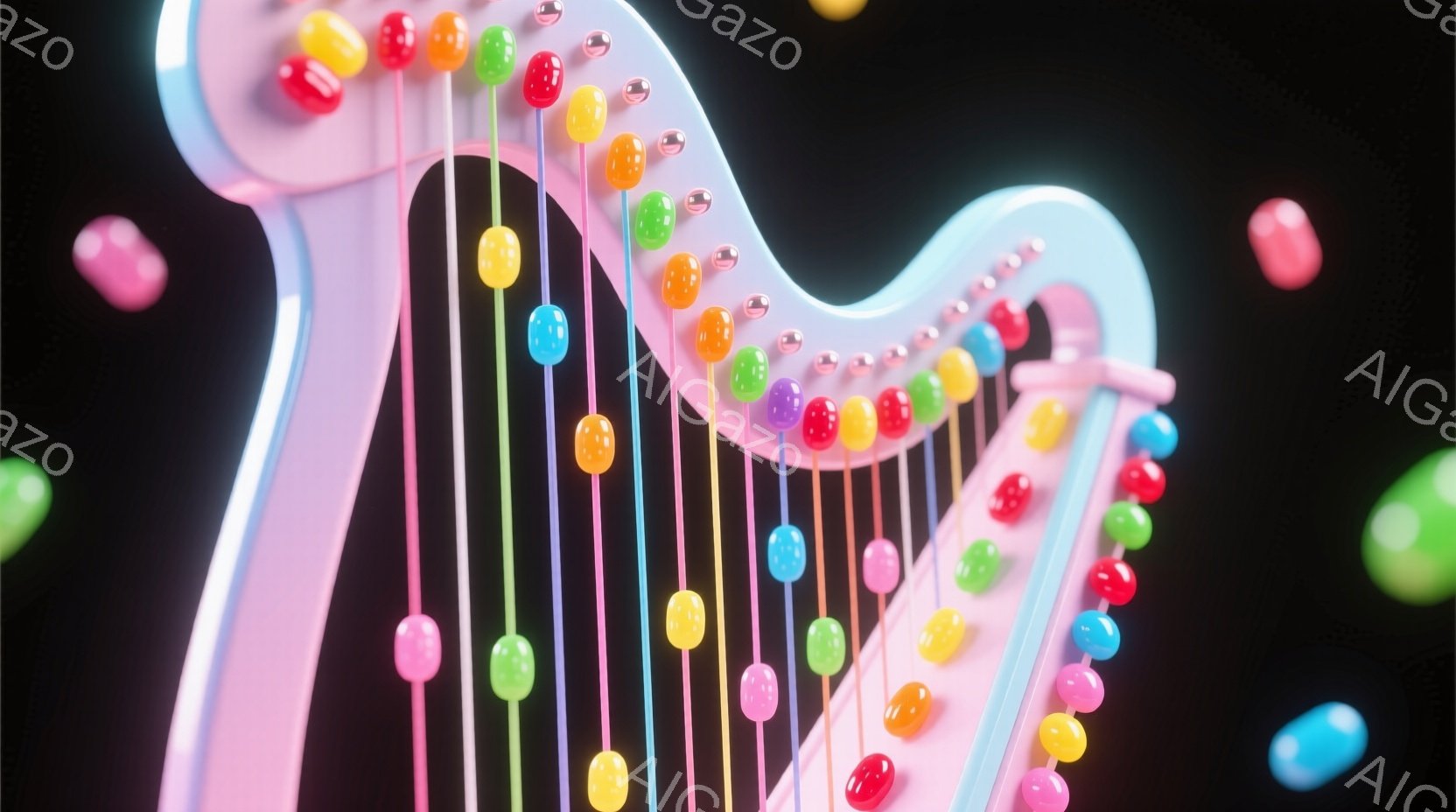 鮮やかな色彩のハープが画面中央に大きく配置され、カラフルなキャンディのような球体が弦の先端に並んでいます。背景は暗く、同じくカラフルな球体が散りばめられており、まるでファンタジー世界のようにも見えます - AI生成フリー素材